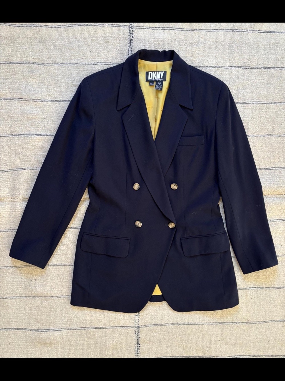 DKNY Navy Double-Breasted Blazer with Yellow Lining